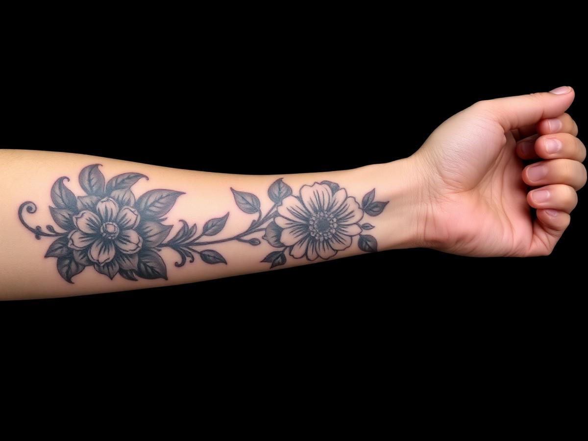 Forearm after a black and grey floral cover-up tattoo