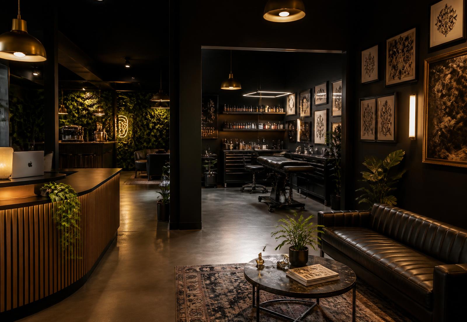 Interior of the Black Canvas tattoo studio with private stations and a coffee bar