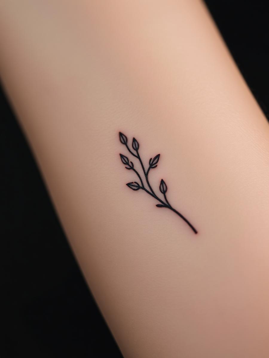 Fine line botanical tattoo on a forearm