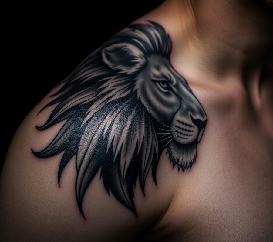 Black and grey realism lion tattoo on a shoulder