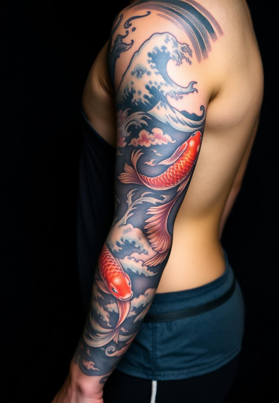 Japanese colour koi sleeve tattoo
