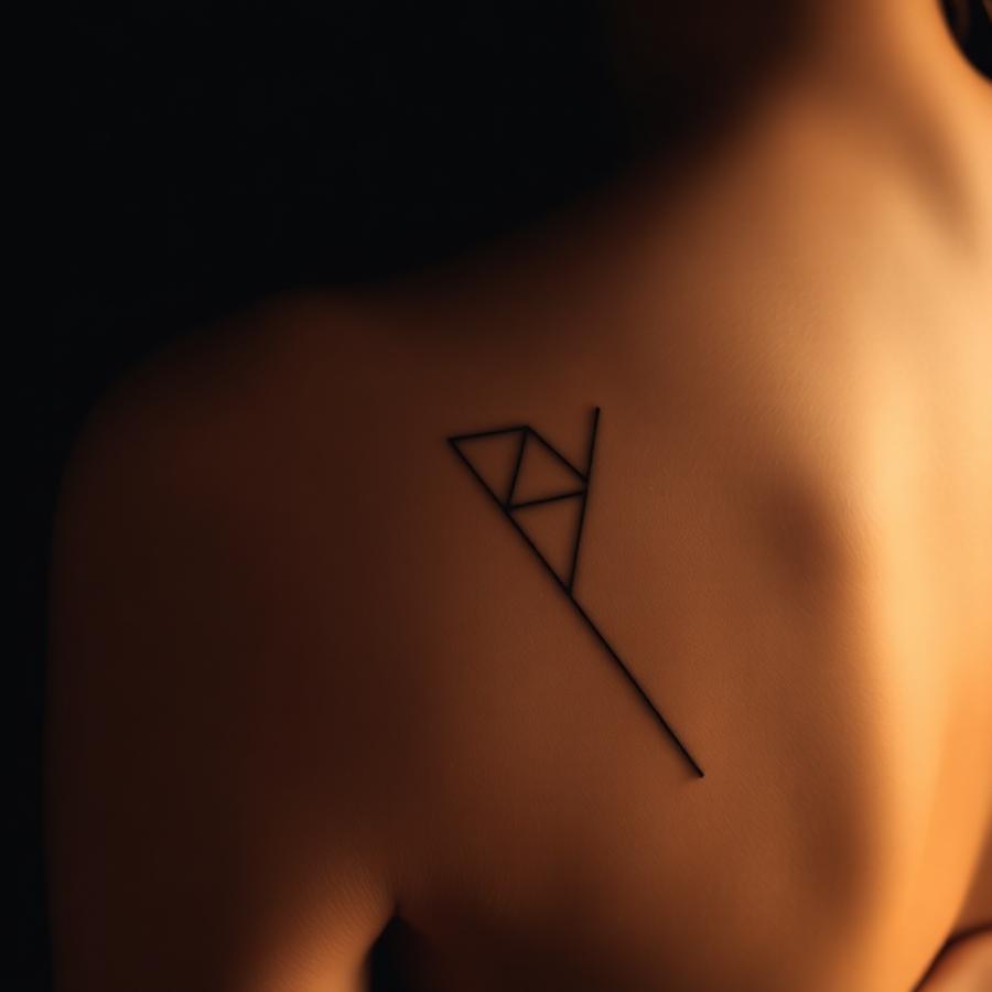Minimal geometric fine line tattoo on a shoulder blade