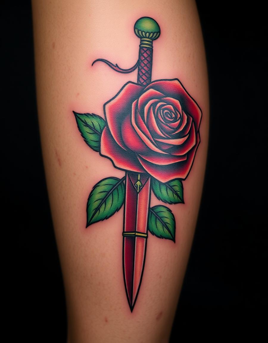 Traditional rose and dagger tattoo on a calf